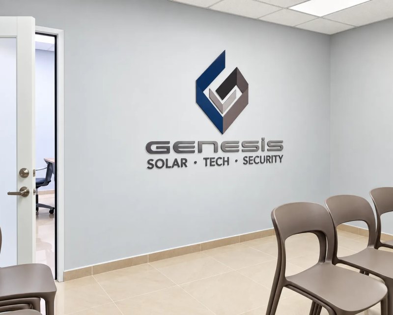 Logo de Genesis Solar, Tech & Security en relieve sobre la pared de una sala de espera