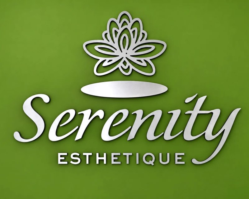Logo de Serenity Esthetique en relieve plateado sobre pared verde