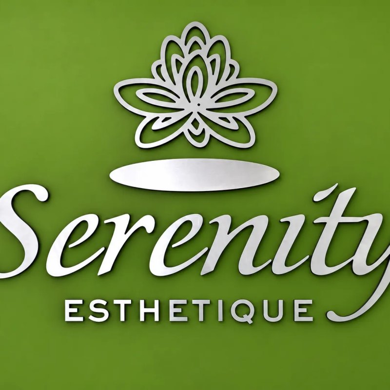 Serenity Esthetique logo in raised silver on a green wall