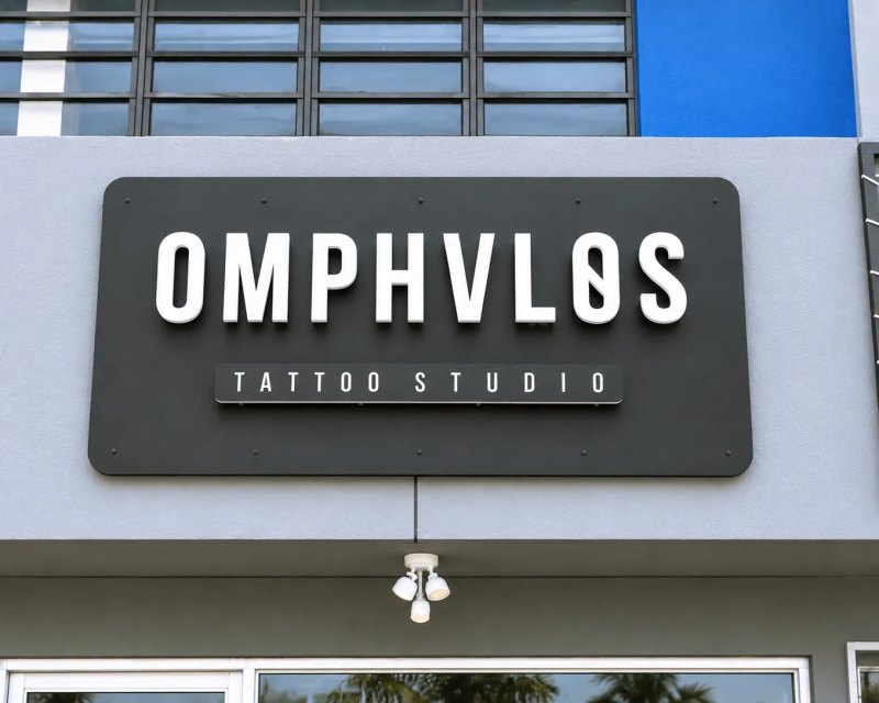 Omphalos Tattoo Studio sign with white letters on a dark facade panel