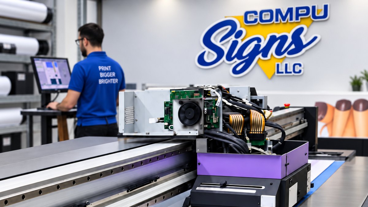 CompuSigns sign maker at the shop computer while the flatbed UV printer prints a sign.