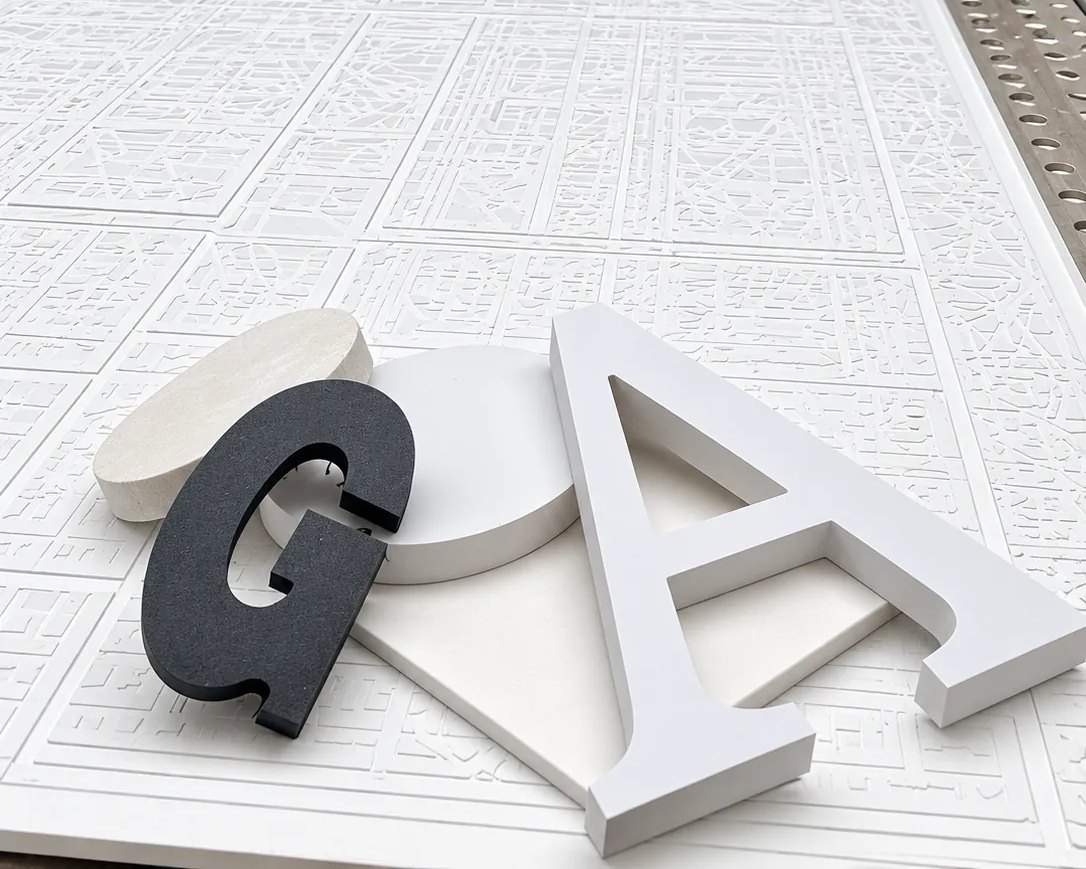 Freshly cut PVC dimensional letters on the shop's CNC router bed.