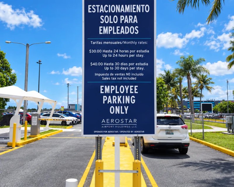 Letrero bilingüe de estacionamiento solo para empleados de Aerostar