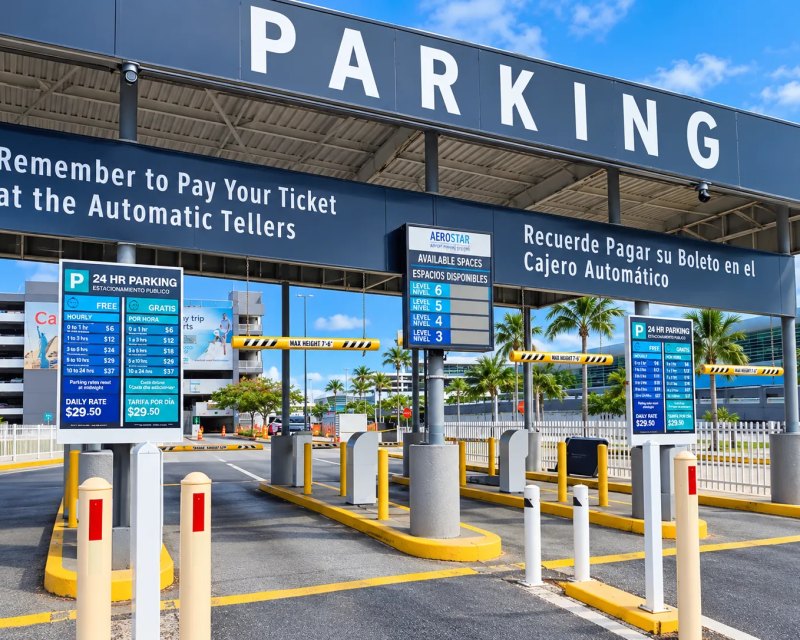 Señalización bilingüe del estacionamiento del aeropuerto con rótulo Parking y tarifas