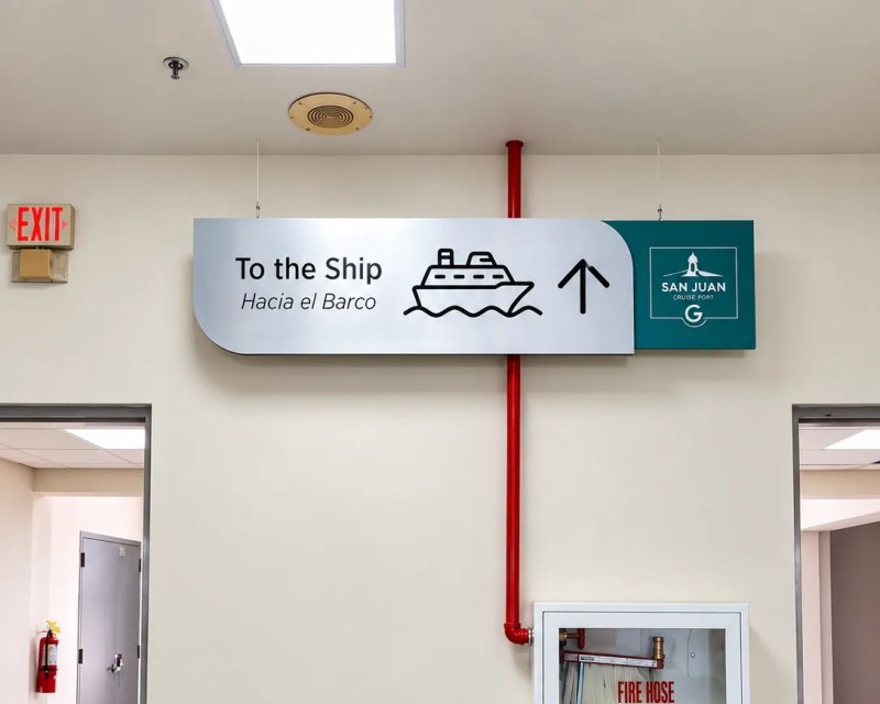 Señal direccional bilingüe «Hacia el barco» en un pasillo de la terminal de cruceros