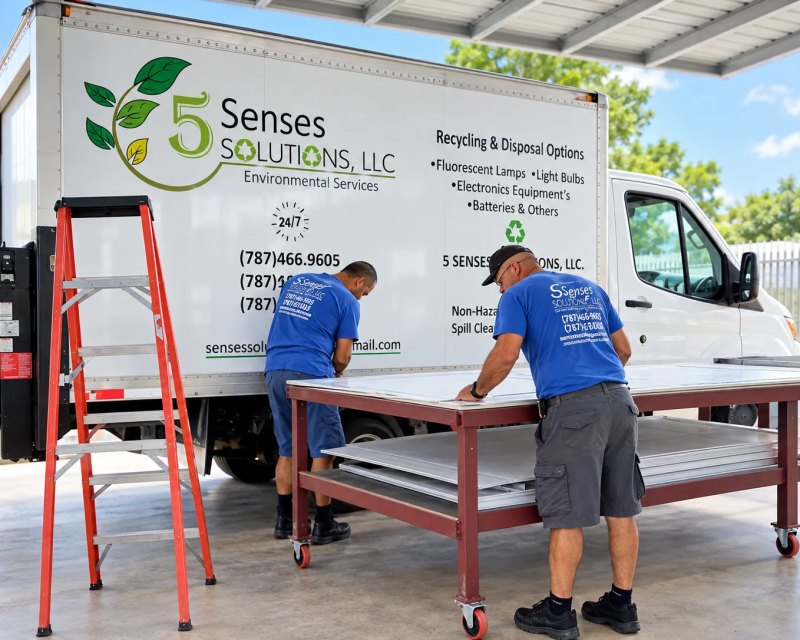 Camión de caja de 5 Senses Solutions rotulado, con dos instaladores trabajando al frente